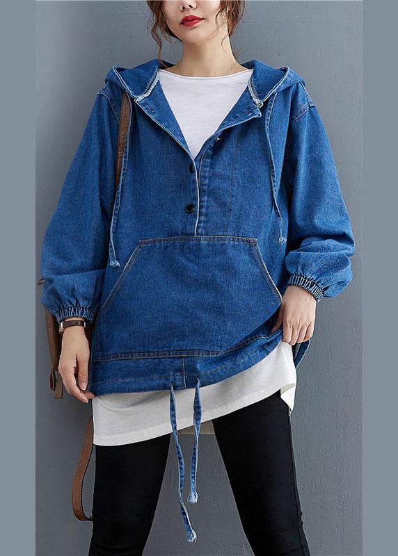 Unique Blue Denim Button Pockets hooded Fall Long sleeve Top - Omychic