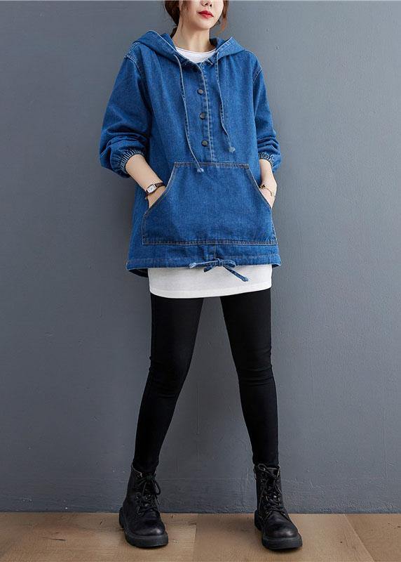 Unique Blue Denim Button Pockets hooded Fall Long sleeve Top - Omychic