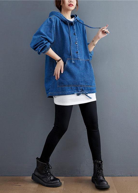 Unique Blue Denim Button Pockets hooded Fall Long sleeve Top - Omychic