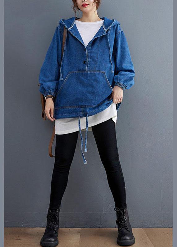 Unique Blue Denim Button Pockets hooded Fall Long sleeve Top - Omychic