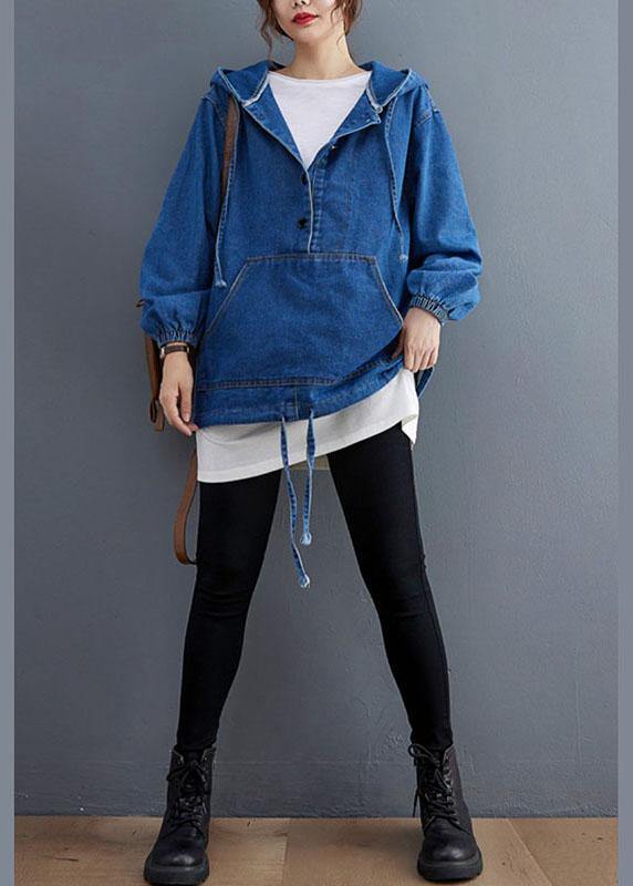 Unique Blue Denim Button Pockets hooded Fall Long sleeve Top - Omychic