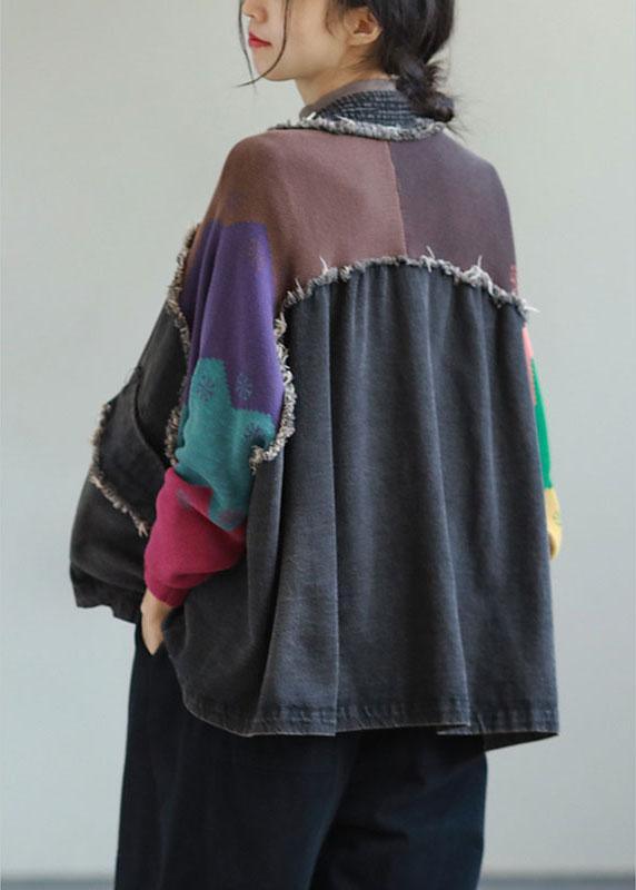 Unique Blue Denim Patchwork Knit Pockets Button Fall Coat Long sleeve - Omychic