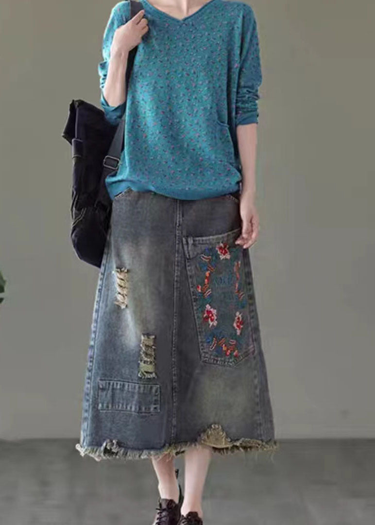 Unique Blue Embroideried Pockets Patchwork Denim Skirt Summer