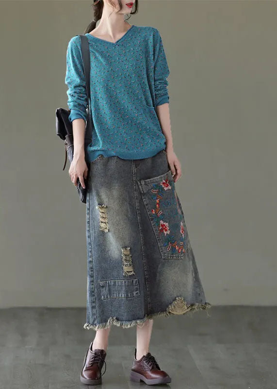 Unique Blue Embroideried Pockets Patchwork Denim Skirt Summer