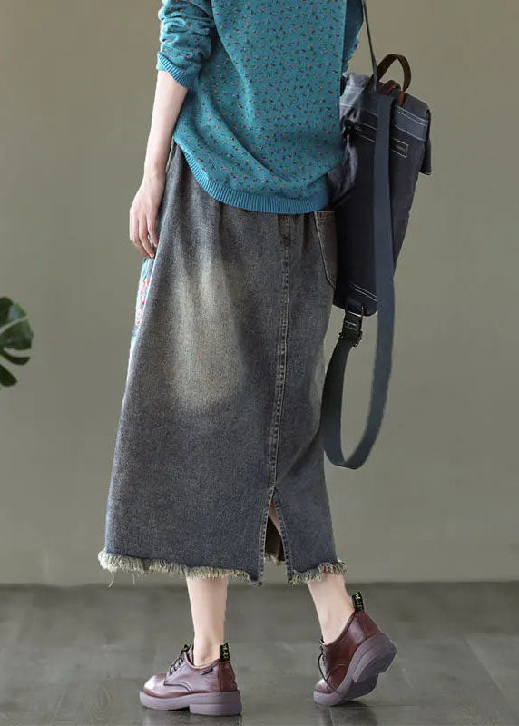 Unique Blue Embroideried Pockets Patchwork Denim Skirt Summer