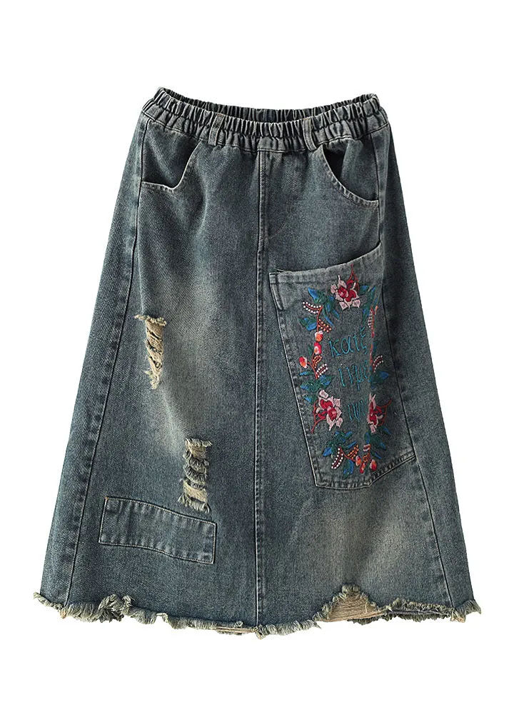 Unique Blue Embroideried Pockets Patchwork Denim Skirt Summer