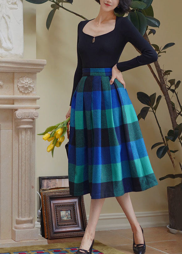 Unique Blue High Waist Plaid Wool Pleated Skirt Spring