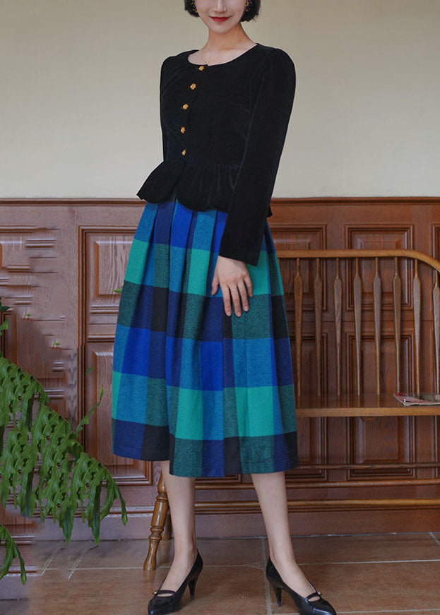 Unique Blue High Waist Plaid Wool Pleated Skirt Spring