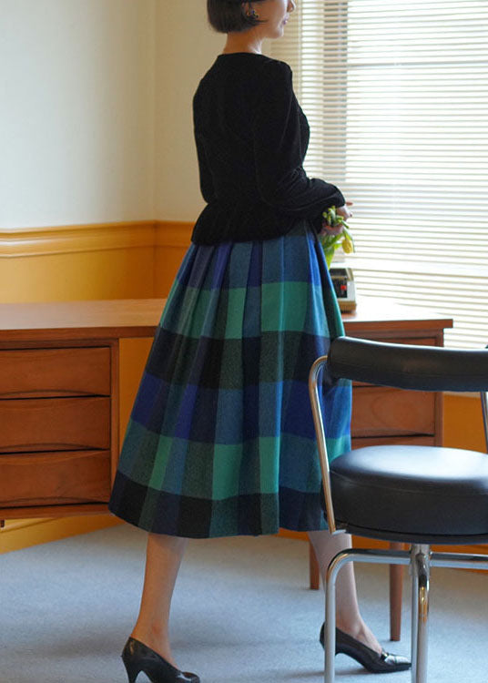 Unique Blue High Waist Plaid Wool Pleated Skirt Spring