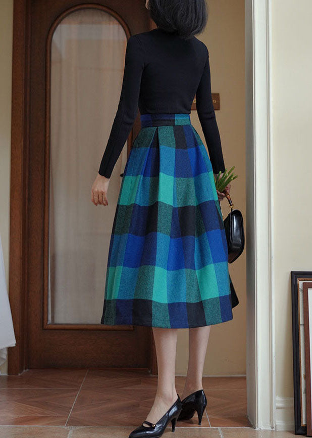 Unique Blue High Waist Plaid Wool Pleated Skirt Spring