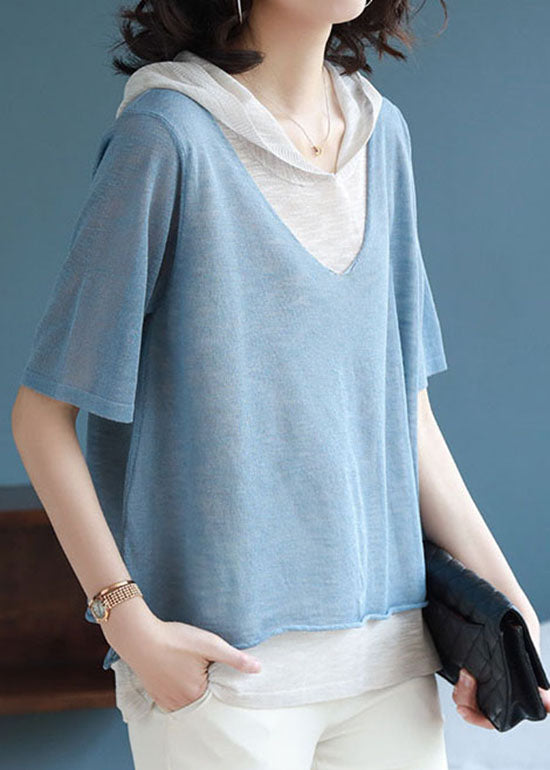 Unique Blue Hooded False Two Pieces Patchwork Knit Shirt Top Summer