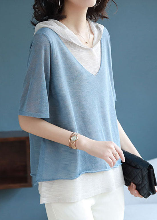 Unique Blue Hooded False Two Pieces Patchwork Knit Shirt Top Summer