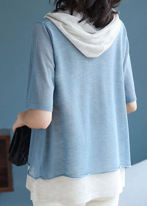 Unique Blue Hooded False Two Pieces Patchwork Knit Shirt Top Summer