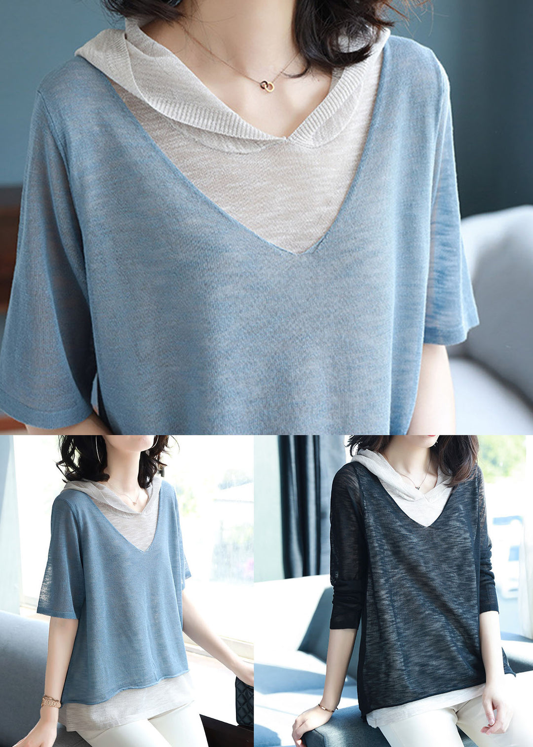 Unique Blue Hooded False Two Pieces Patchwork Knit Shirt Top Summer