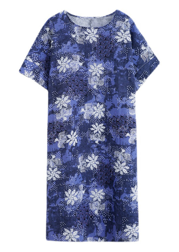 Unique Blue O-Neck Print Long Dresses Short Sleeve