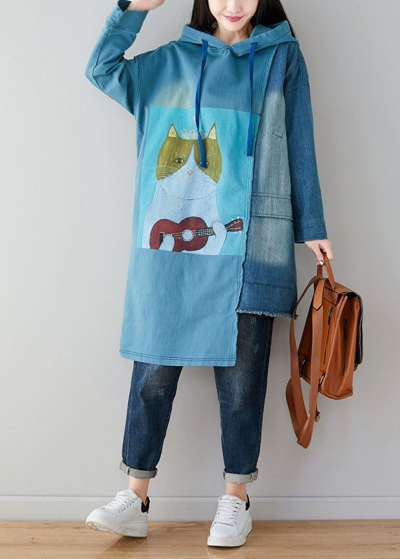 Unique Blue Oversized Patchwork Cotton Sweatshirts Dress Spring