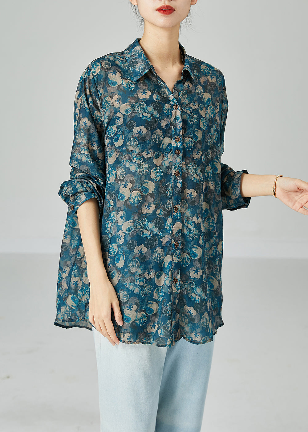 Unique Blue Peter Pan Collar Oversized Print Cotton Shirts Spring