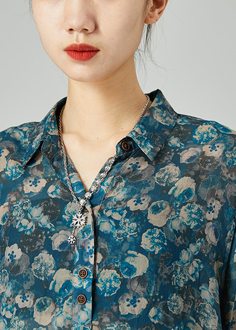 Unique Blue Peter Pan Collar Oversized Print Cotton Shirts Spring