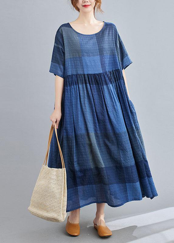 Unique Blue Plaid Casual Pockets A Line Summer Maxi Dresses Half Sleeve - Omychic