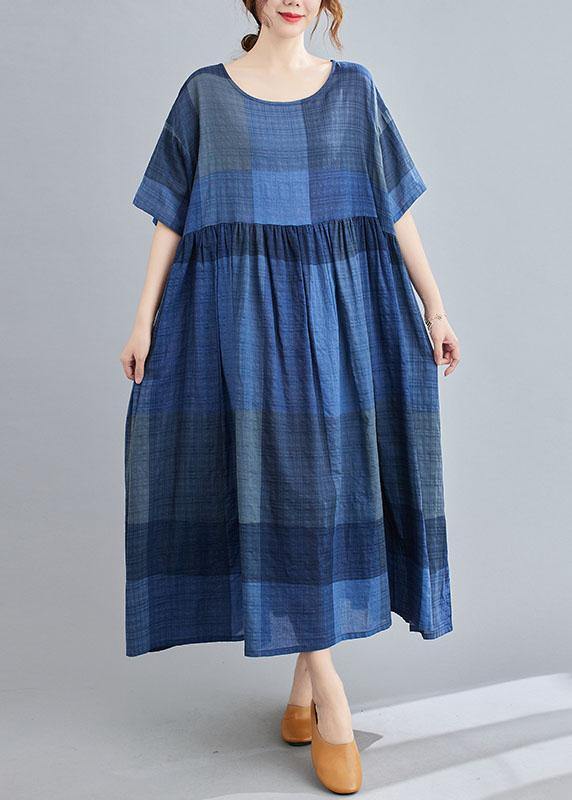 Unique Blue Plaid Casual Pockets A Line Summer Maxi Dresses Half Sleeve - Omychic