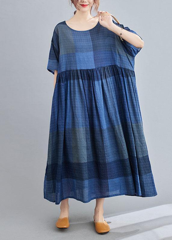 Unique Blue Plaid Casual Pockets A Line Summer Maxi Dresses Half Sleeve - Omychic