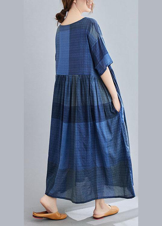 Unique Blue Plaid Casual Pockets A Line Summer Maxi Dresses Half Sleeve - Omychic