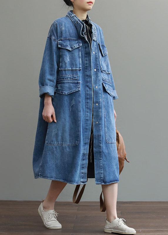 Unique Blue Pockets Button Loose Fall Denim Long sleeve Coats trench coats - Omychic