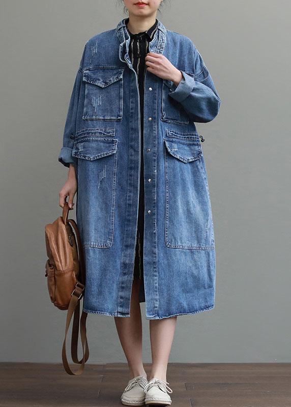 Unique Blue Pockets Button Loose Fall Denim Long sleeve Coats trench coats - Omychic