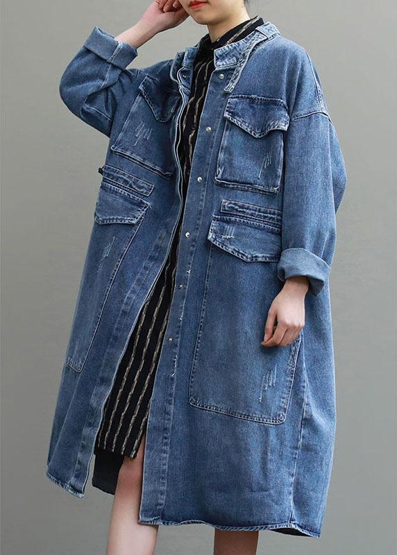 Unique Blue Pockets Button Loose Fall Denim Long sleeve Coats trench coats - Omychic