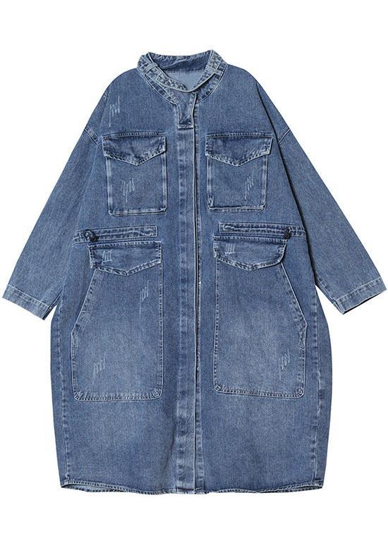 Unique Blue Pockets Button Loose Fall Denim Long sleeve Coats trench coats - Omychic