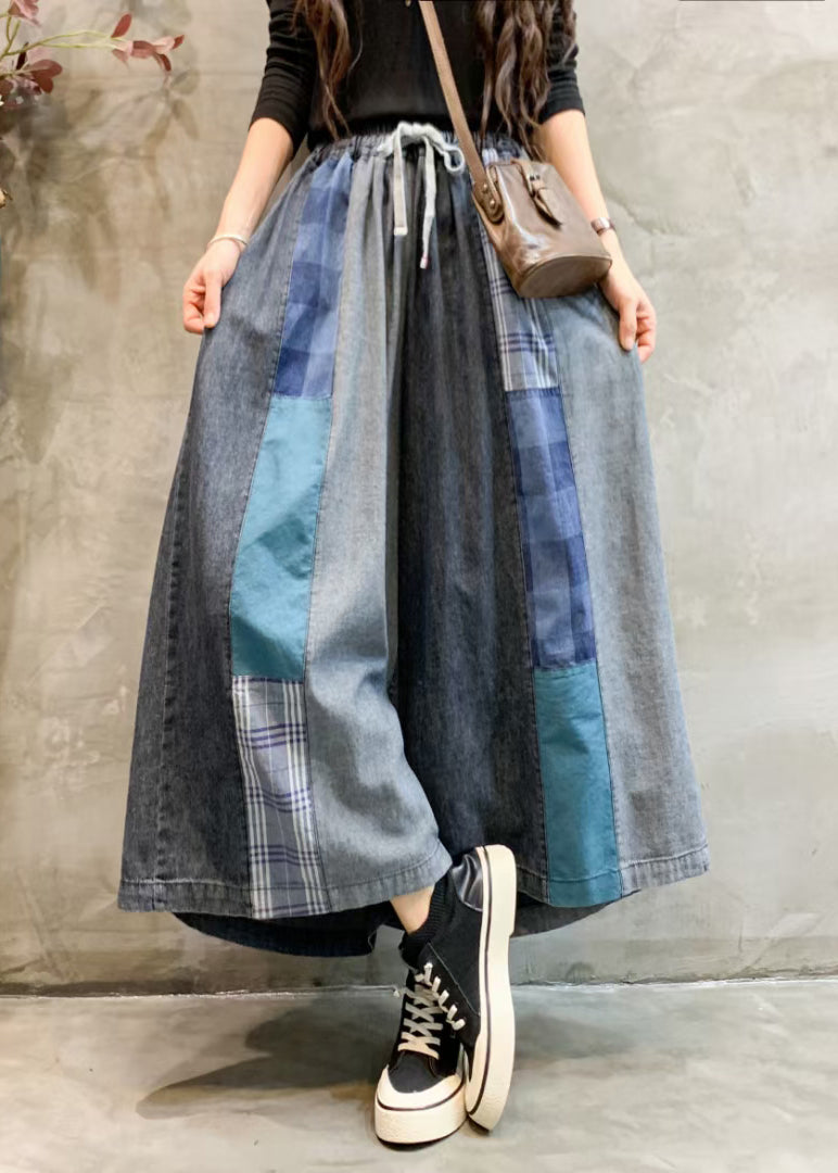 Unique Blue Pockets Elastic Waist Patchwork Wide Leg Pants Fall