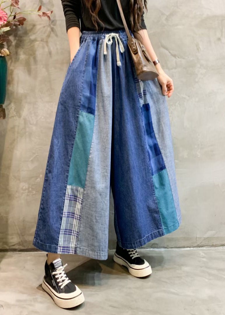 Unique Blue Pockets Elastic Waist Patchwork Wide Leg Pants Fall