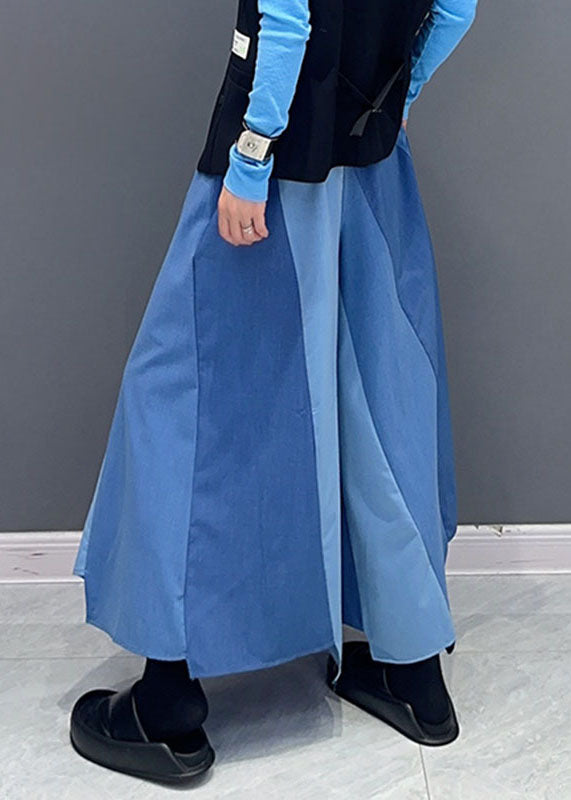 Unique Blue Pockets Patchwork Elastic Waist Wide Leg Pants Skirt Fall