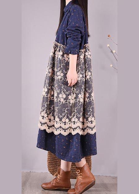 Unique Blue Print Dresses Patchwork Lace Kaftan Spring Dress - Omychic