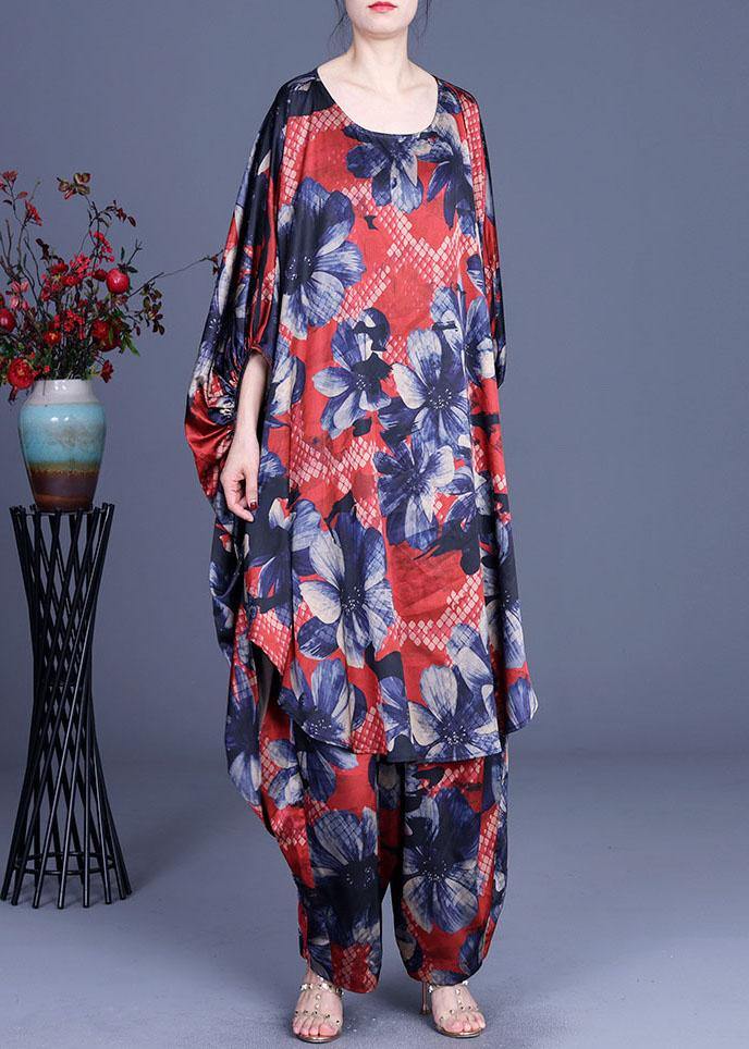 Unique Blue Print low high design Silk  Wide Leg Two Pieces Set - Omychic