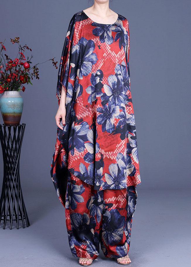 Unique Blue Print low high design Silk  Wide Leg Two Pieces Set - Omychic