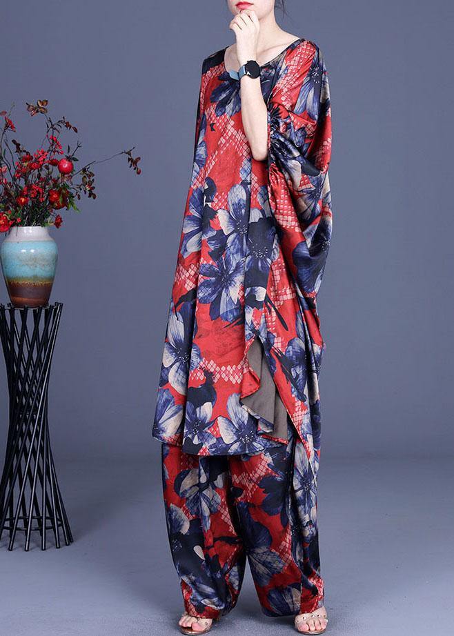 Unique Blue Print low high design Silk  Wide Leg Two Pieces Set - Omychic