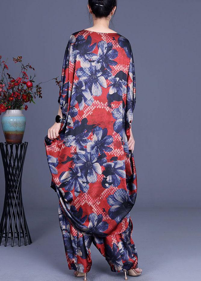 Unique Blue Print low high design Silk  Wide Leg Two Pieces Set - Omychic