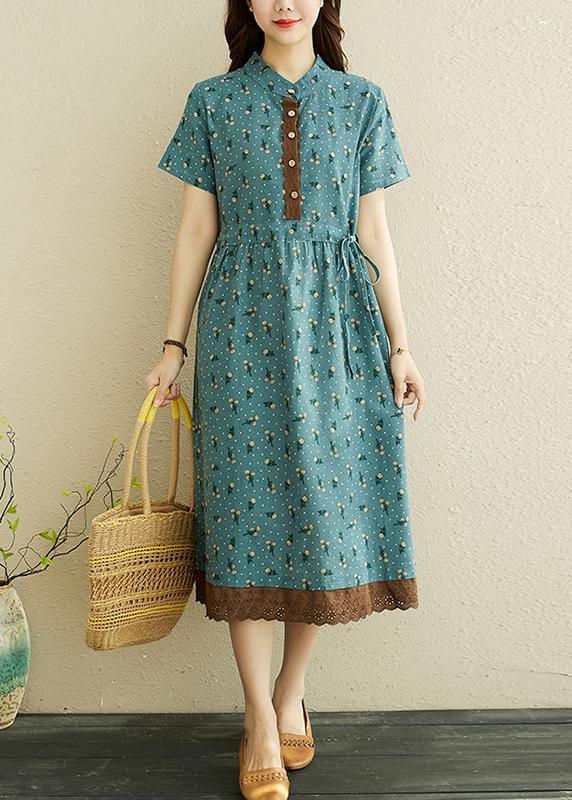 Unique Blue Print tie waist Long Summer Cotton Dress - Omychic