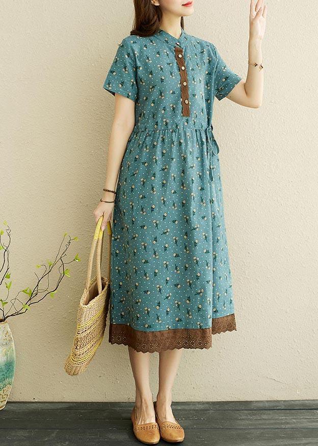 Unique Blue Print tie waist Long Summer Cotton Dress - Omychic