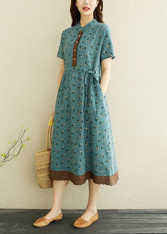 Unique Blue Print tie waist Long Summer Cotton Dress - Omychic