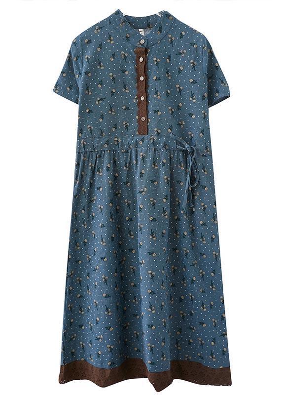 Unique Blue Print tie waist Long Summer Cotton Dress - Omychic