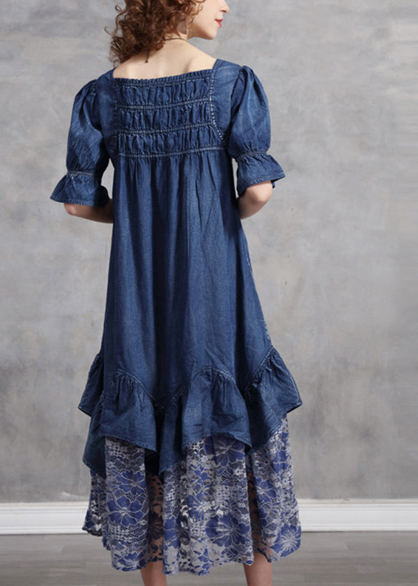Unique Blue Square Collar Patchwork Lace Cotton Denim Dress Short Sleeve
