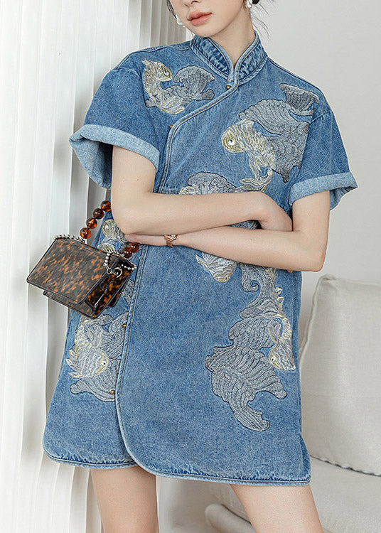 Unique Blue Stand Collar Embroideried Floral Side Open Button Cotton Denim Mid Dress Short Sleeve
