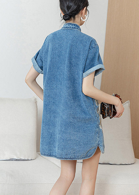 Unique Blue Stand Collar Embroideried Floral Side Open Button Cotton Denim Mid Dress Short Sleeve