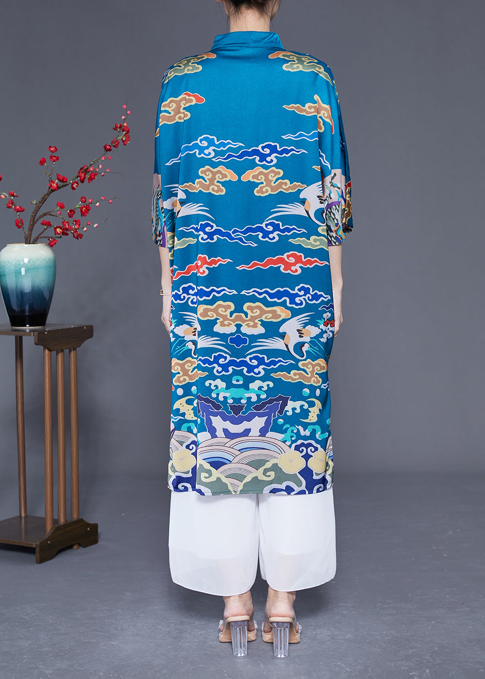 Unique Blue Stand Collar Side Open Silk Chinese Style Dress Half Sleeve