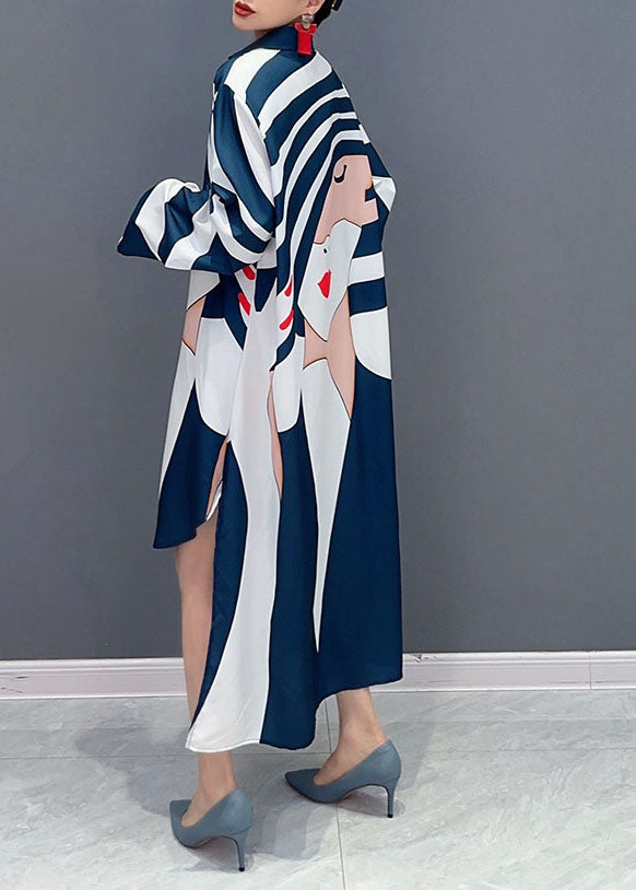 Unique Blue Striped Asymmetrical Low High Design Vacation Maxi Dresses Long Sleeve
