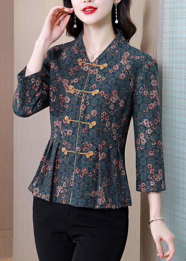 Unique Blue V Neck Print Button Cotton Shirt Long Sleeve