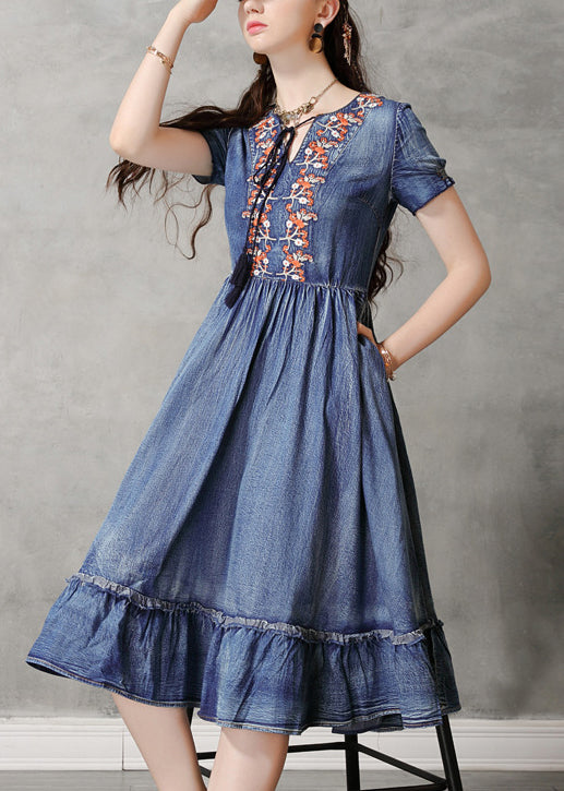 Unique Blue V Neck Ruffled Cinched Embroideried Cotton Denim Dresses Short Sleeve