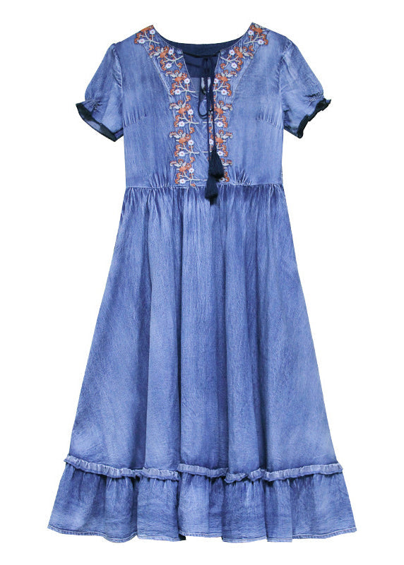 Unique Blue V Neck Ruffled Cinched Embroideried Cotton Denim Dresses Short Sleeve